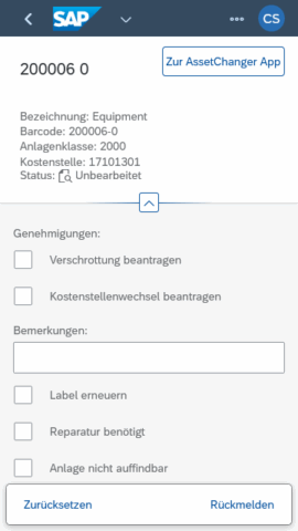 clavisAssetory 2.0 Detail clavis Fiori App Anlageninventur – clavisAssetory - Detailsansicht